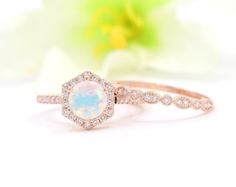14K 1.2CT Opal Diamond Hexagon Wedding Ring Set / Opal Wedding Ring / Diamond Band / Hexagon Ring / Promise Ring / Yellow Gold