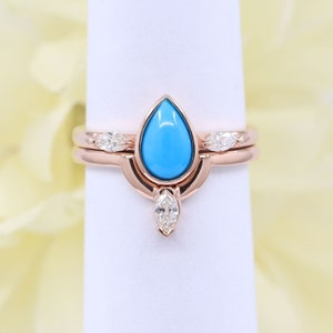 14K Turquoise Diamond Band Ring Set / Pear Turquoise Wedding Ring / Marquise Diamond Crown Band / Turquoise Ring Set / Promise Ring