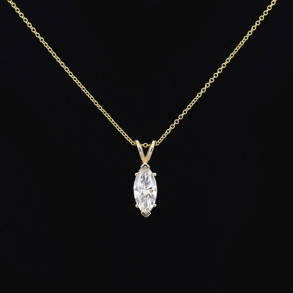 1.0ct Marquise Lab Grown Diamond Solitaire Necklace, 14k Solid Gold Prong Setting Charm Pendant