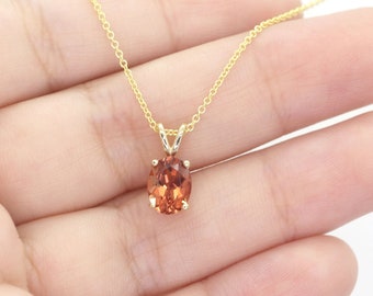 14K Orange Sunstone Solitaire Necklace / Natural Sunstone Necklace / Solitaire Necklace / Orange Pendant / Simple Necklace / Yellow Gold