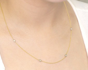 14K 4 Diamond By The Yard Necklace / Diamond Bezel Necklace / Natural Diamond Necklace / Choker Necklace / Handmade Jewelry / Mom Gift