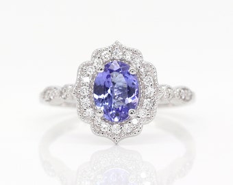 14K Tanzanite Diamond Floral Wedding Ring / Tanzanite Engagement Ring / Diamond Ring / Tanzanite Ring Set / Promise Ring / White Gold