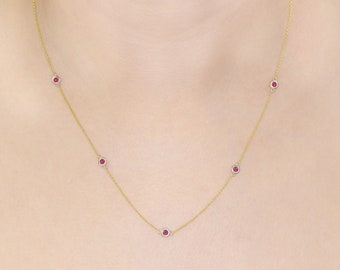 14K 5 Ruby By The Yard Necklace / Ruby Bezel Necklace / Natural Ruby Necklace / Choker Necklace / Handmade Jewelry / Mom Gift