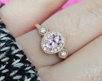 14K Oval Morganite Diamond Vintage Wedding Ring / Morganite Bridal Ring / Diamond Ring / Vintage Engagement Ring / Rose Gold / Promise Ring