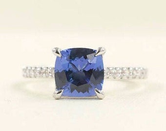 14K 1.5CT Cushion Tanzanite Diamond Engagement Ring / Tanzanite Wedding Ring / White gold / Tanzanite Solitaire Ring / Diamond Wedding Ring