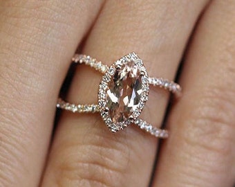 14K Rose Gold Marquise Morganite Diamond Halo Engagement Ring