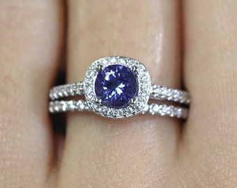 14K White Gold Tanzanite Diamond Bridal Ring Set