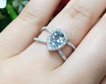 天然宝石アクアマリンペアシェイプエンゲージリング、ブルーアクア