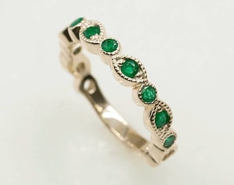 14K Emerald Art Deco Ring / Matchable Band / Emerald Wedding Band / Stackable Ring / Emerald Band / Rose Gold / Wedding Band for Women