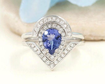 14K 1.2CT Pear Tanzanite Diamond Bridal Ring / Tanzanite Engagement Ring / Diamond Wedding Ring / Chevron Band / White Gold / Promise Ring