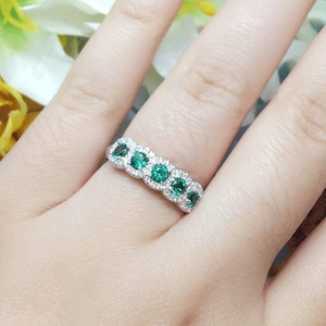 14K Natural Emerald Diamond Halo Ring / Emerald Ring / Emerald Wedding Band / Diamond Wedding Ring / Emerald Band / Diamond Wedding Ring