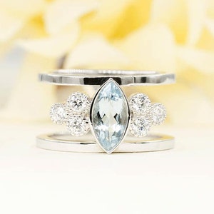 14K 1CT Aquamarine Diamond Wedding Ring / Aquamarine Engagement Ring / Diamond Bridal Ring / White Gold / Promise Ring / Unique Wedding Ring