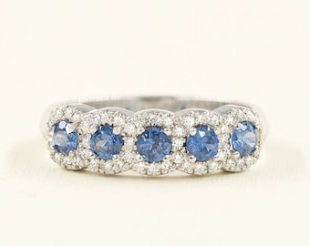 14K Sapphire Diamond Halo Wedding Band / Sapphire Ring / Diamond Ring / Anniversary Ring / White Gold / Wedding Band / Stackable Ring