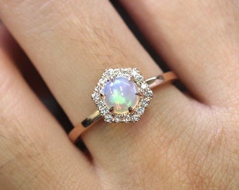 14K 1CT Opal Diamond Hexagon Engagement Ring / Opal Wedding Ring / Hexagon Ring / Diamond Bridal Ring / Rose Gold / Anniversary Ring