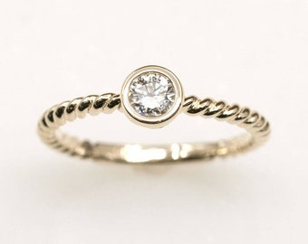 14K Diamond Twisted Engagement Ring / Diamond Solitaire Ring / Solitaire Ring / Twisted Band / Simple Bridal Ring / Yellow Gold