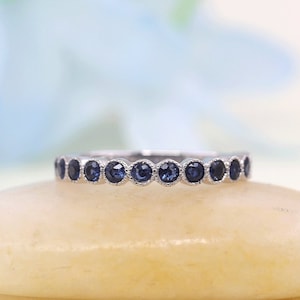 14K White Gold Blue Sapphire Wedding Band - Stackable Ring