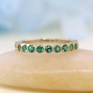 14K Natural Emerald Wedding Band / Emerald Band / Milgrain Wedding Band / Half Eternity Band / Emerald Ring / Stackable Ring image 2