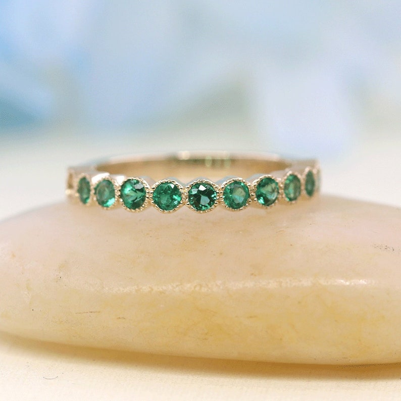 14K Natural Emerald Wedding Band / Emerald Band / Milgrain Wedding Band / Half Eternity Band / Emerald Ring / Stackable Ring image 2