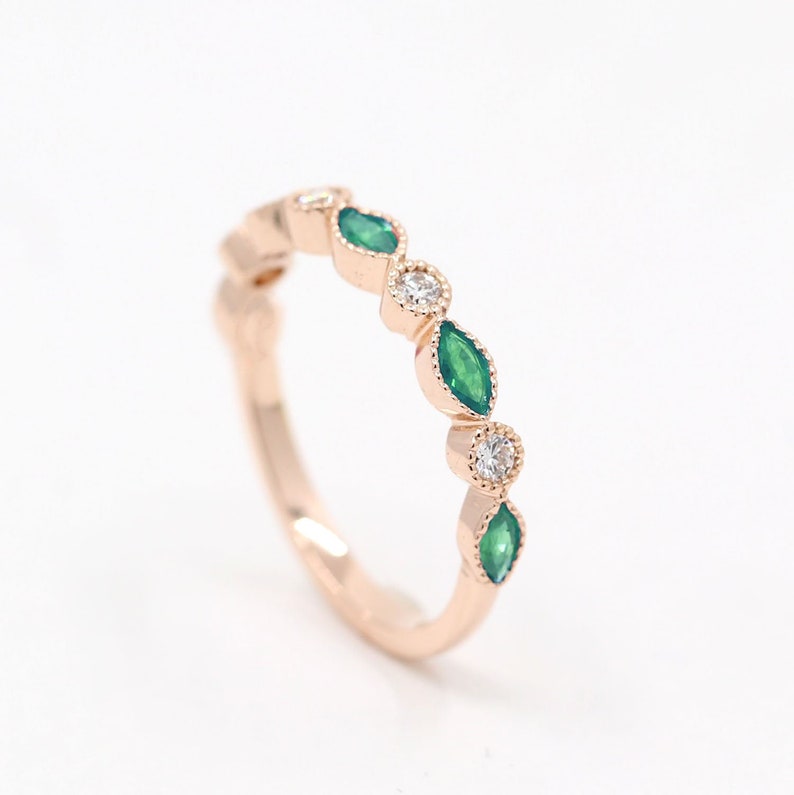 14K Real Emerald Diamond Wedding Band / Diamond Ring / Diamond Band / Art Deco Band / Stackable Ring / Matching Band Ring / Band for Women image 3