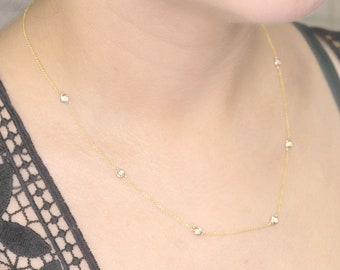 14K 6 Diamond By The Yard Necklace / Diamond Bezel Necklace / 0.30ct Natural Diamond Necklace / Dainty Necklace / Rose Gold / Gift for Her