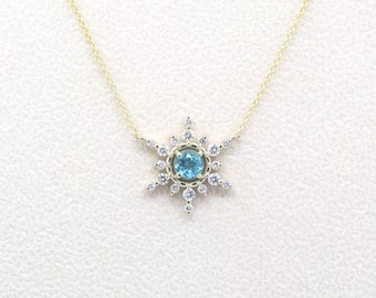 14K Blue Zircon Diamond Snowflake Necklace / Blue Zircon Necklace / Diamond Necklace / Blue Zircon Pendant / Yellow Gold