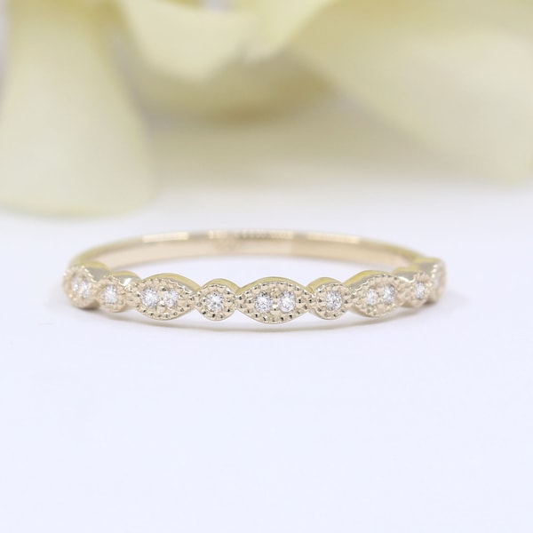 Alianza Art Déco de Diamantes de 14K: Anillo de Promesa Apilable. Alianza de Diamantes Reales a Juego.