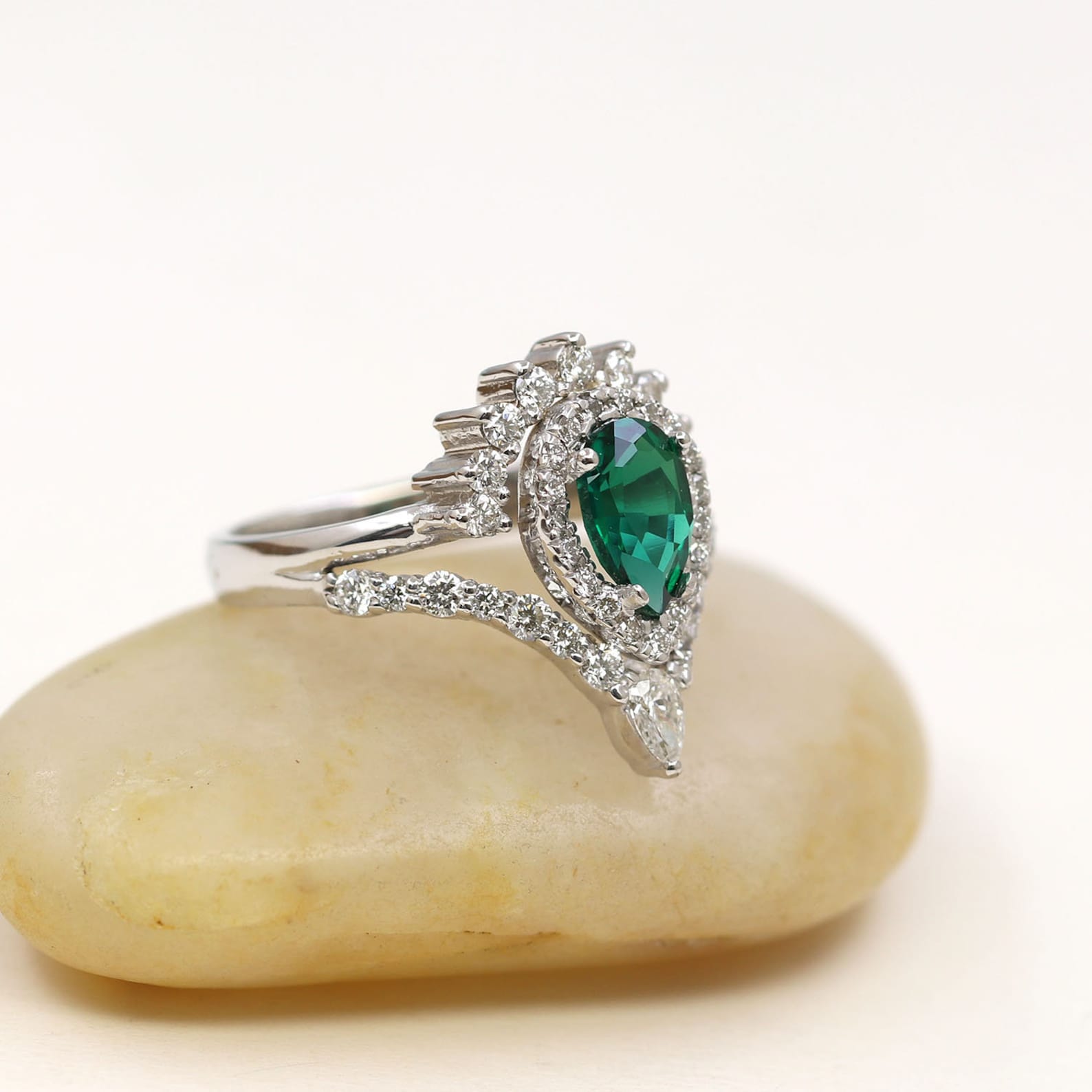 Lab Created Emerald Diamond Engagement Ring/Unique Bridal Ring Etsy