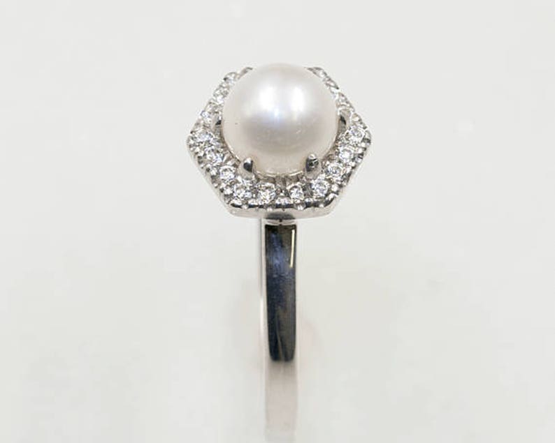 14K 1CT Natural Pearl Diamond Hexagon Wedding Ring / Pearl Engagement Ring / Diamond Wedding Ring / Rose Gold / Hexagon Ring / Promise Ring image 9