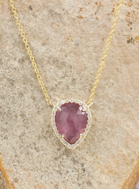 Pear Shaped Sapphire Diamond Necklace/pink Sapphire - Etsy