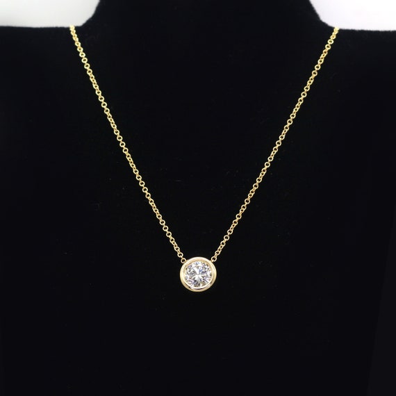 1 CT Lab Diamond Bezel Solitaire Necklace / 14k Solid Gold