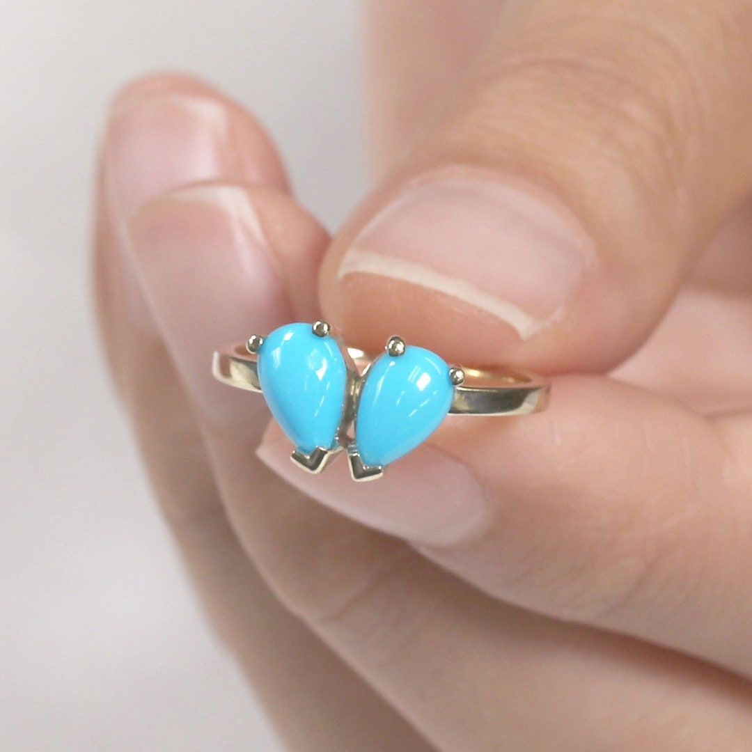 14K Gold Turquoise Engagement Ring / Double Pear Ring / Turquoise Ring