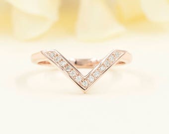 14K Diamond Chevron Wedding Band: Stackable Promise Ring
