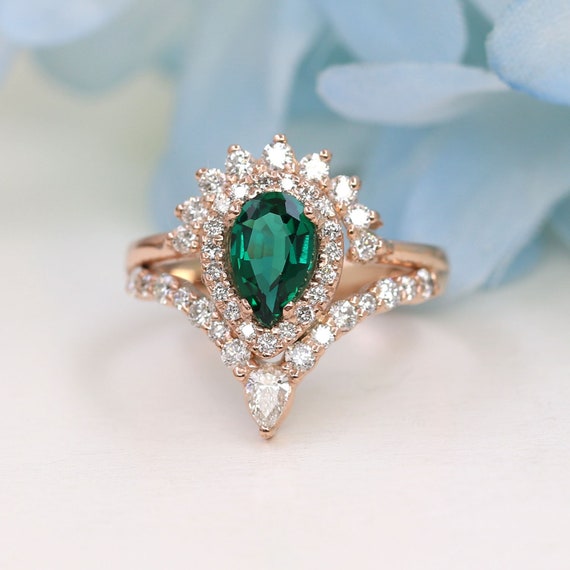 Lab Created Emerald Diamond Engagement Ring/Unique Bridal Ring | Etsy