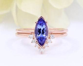 14K 1CT Tanzanite Diamond Band Set / Marquise Tanzanite Wedding Ring / Diamond Chevron Band / Tanzanite Ring Set / Promise Ring / White Gold