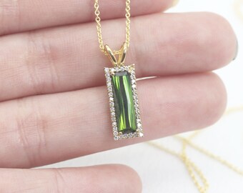 14K Tourmaline Diamond Necklace / Pick Your Stone / Vertical Tourmaline Necklace / Custom Necklace / Diamond Halo Necklace / Bridal Necklace