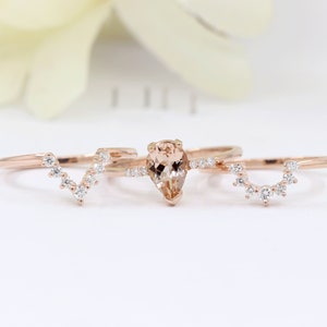 14K 1CT Morganite Diamond Band 3 Ring Set / Pear Morganite Wedding Ring / Diamond Crown Wedding Band / Rose Gold / Anniversary Ring image 5