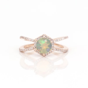 14K Opal Diamond Engagement Ring / Round Opal Wedding Ring / Diamond Bridal Ring / Rose Gold / Promise Ring / Diamond Double Band Ring