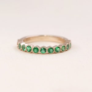 14K Gold Emerald Wedding Band: Milgrain Half Eternity Ring