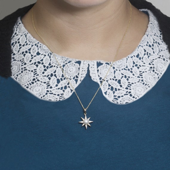 Pendentif En Or Jaune 14 Carats - Perle De Culture Et Diamant Naturel, Forme étoile