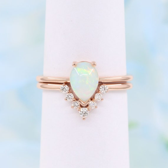 14K Rose Gold Pear Opal Diamond Ring Set: Chevron Wedding Band