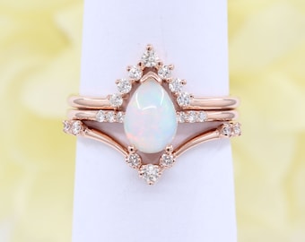 14K Opal Diamond Bridal Ring Set / Opal Wedding Ring / Diamond Wedding Band / White Gold / Opal Ring / Diamond Matchable Band / Promise Ring