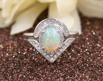 14K Opal Diamond Ring Set: White Gold Chevron Band, Handmade