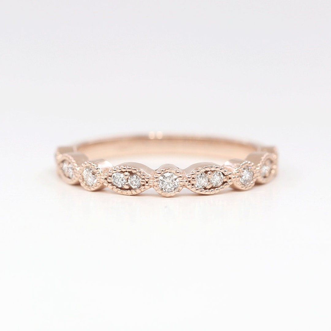 14K Diamond Art Deco Wedding Band: Stackable Gold Ring - Etsy