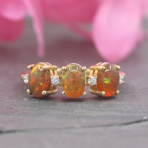 14K 3 Opal Diamond Engagement Ring / Natural Opal Wedding Ring / Diamond Ring / Natural Opal Ring / Yellow Gold / Promise Ring