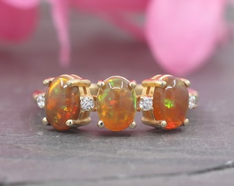 14K 3 Opal Diamond Engagement Ring / Natural Opal Wedding Ring / Diamond Ring / Natural Opal Ring / Yellow Gold / Promise Ring