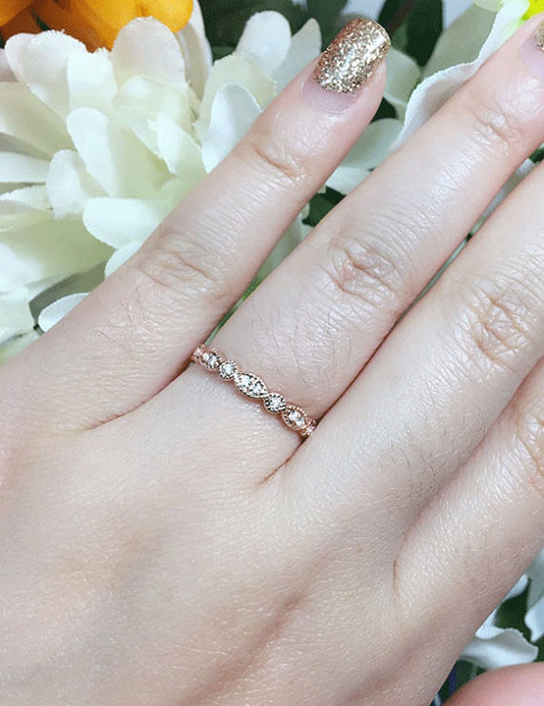 14K Vintage Diamond Wedding Band / Diamond Ring / Art Deco Ring / Matchable Band Ring / Stackable Ring / Vintage Diamond Band / White Gold image 4