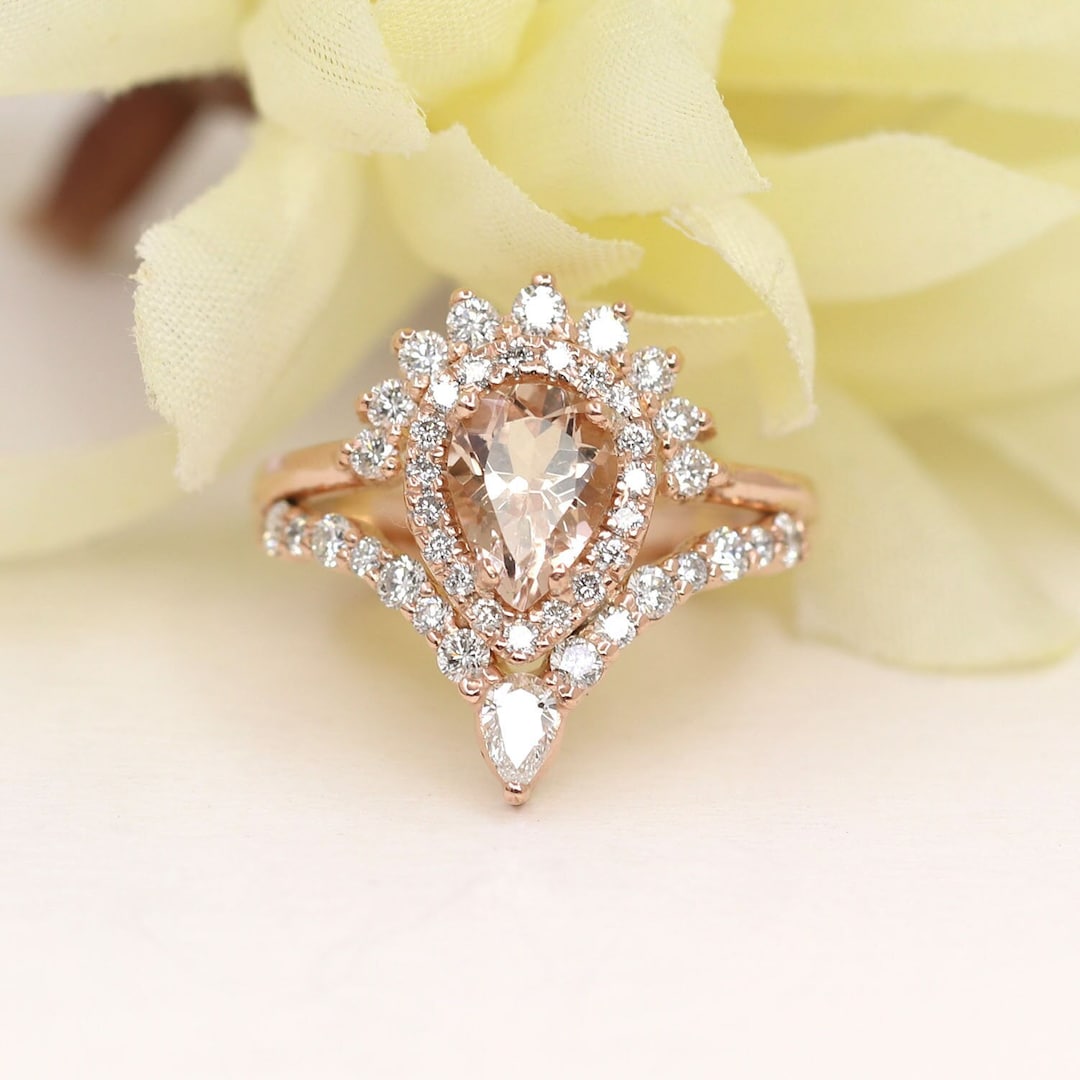 14K Rose Gold Pear Morganite Diamond Bridal Ring Set - Etsy