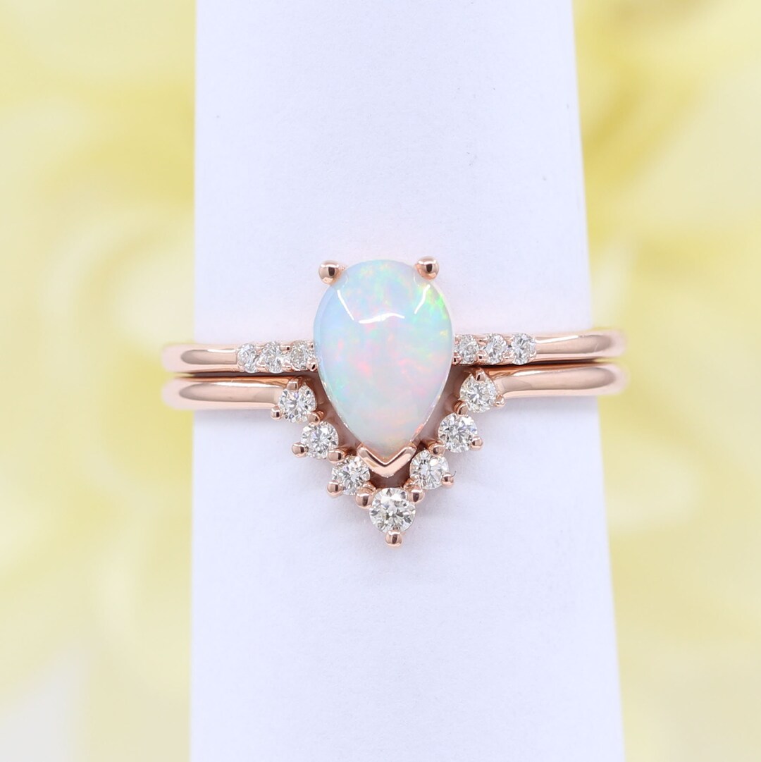 14K Pear Opal Diamond Band Ring Set / Opal Bridal Ring / Diamond