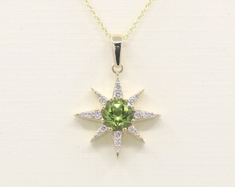 14K Peridot Diamond Star Necklace / Peridot Necklace / Diamond Necklace / Peridot Pendant / Star Pendant / August Birthstone Necklace
