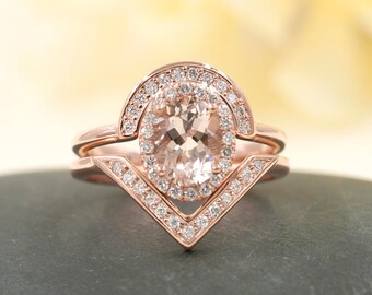 14K Morganite Diamond Ring Set: Oval Halo, Chevron Band